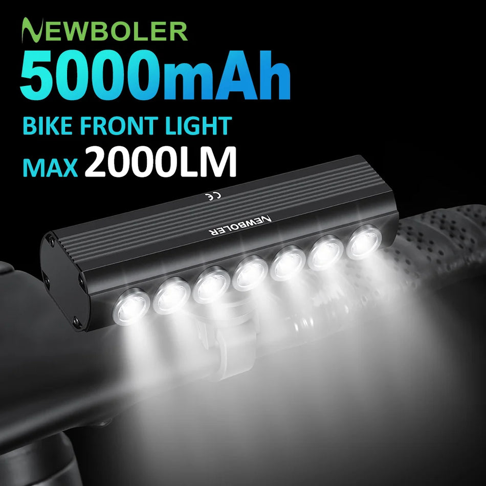 Lumină frontală pentru bicicletă Newboler 2000 lumeni, reîncărcabilă USB, lampă frontală din aliaj de aluminiu 5000mAh pentru MTB, drum și pietriș