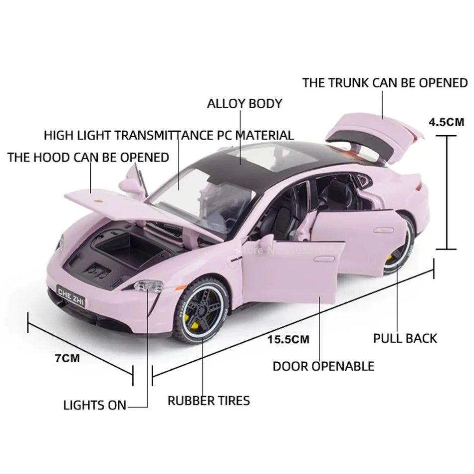 1:32 Taycan Targa 4S Modelo de Carro em Liga Metálica com Som e Luz Pull-Back