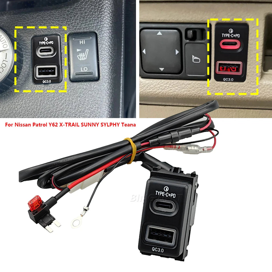 Carregador de Carro Rápido PD USB-C QC3.0 para Nissan Patrol Y62, X-TRAIL