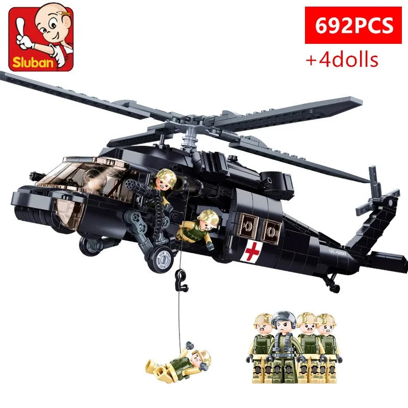 Military UH-60L Medical Rescue Helicopter Building Block Set - 692 Pieces Blackhawk