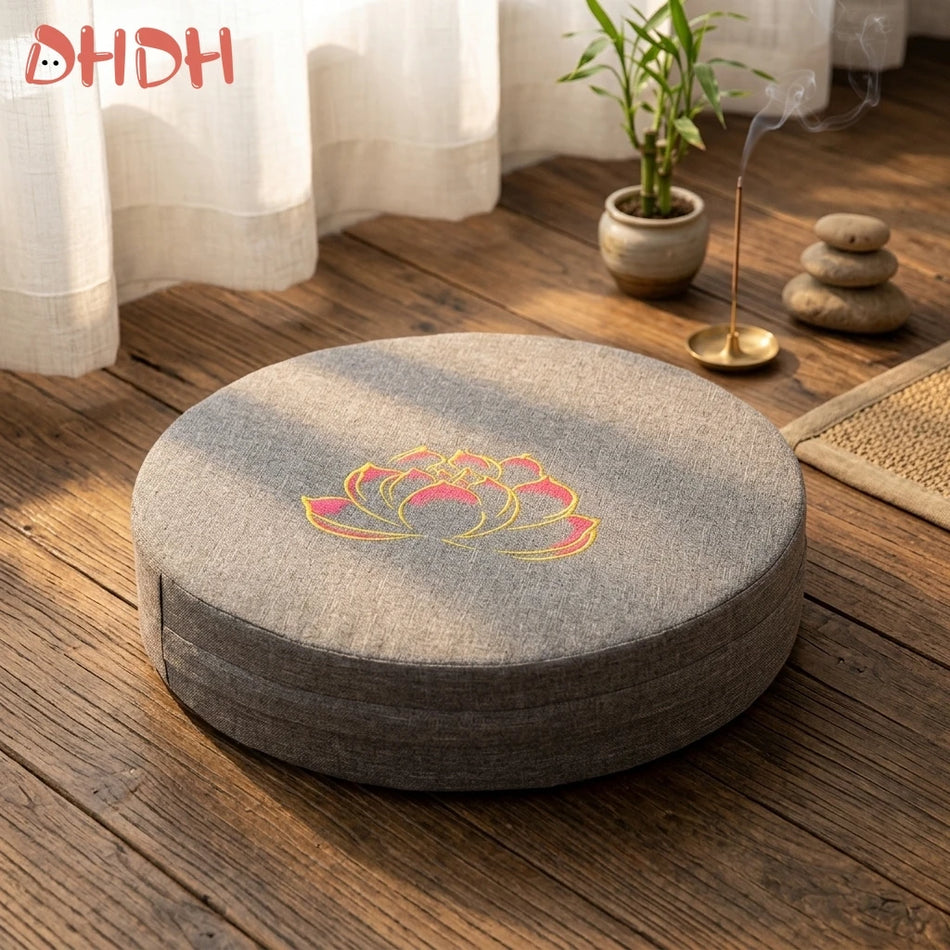 Rundes Leinen-Yoga-Fußkissen mit Lotus-Stickerei, graues Zafu-Kissen