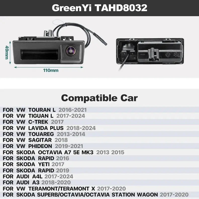 GreenYi AHD Dynamic Trajectory Trunk Handle Camera For VW Passat CC Golf Polo Jetta Cayenne Tiguan Skoda Octavia Fabia Yeti Audi by InterCyprus Trading Ltd