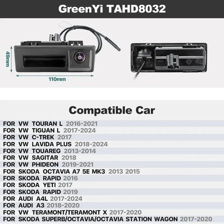 GreenYi AHD Dynamic Trajectory Trunk Handle Camera For VW Passat CC Golf Polo Jetta Cayenne Tiguan Skoda Octavia Fabia Yeti Audi by InterCyprus Trading Ltd