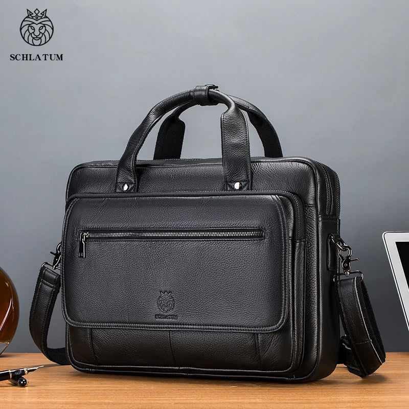 Schlatum 16 Inch Mens Genuine Leather Laptop Briefcase Hard Case With Zipper Flap Pocket