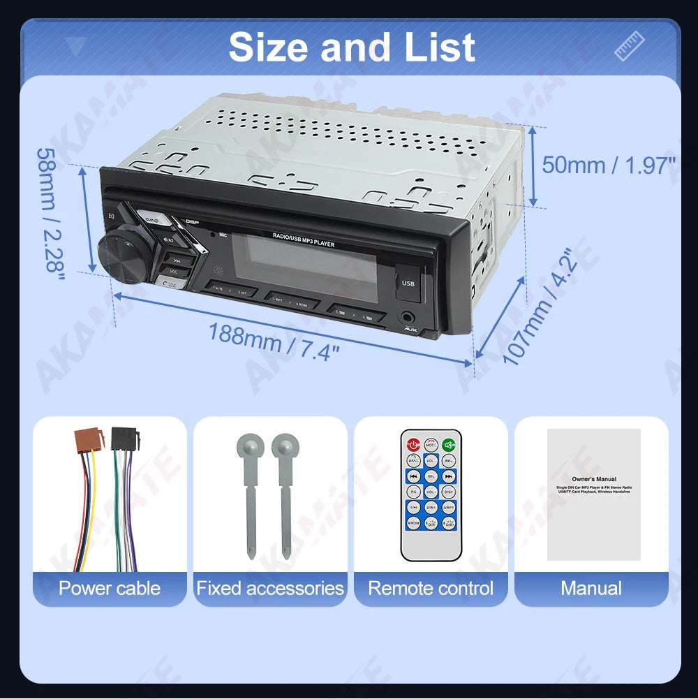 AKAMATE 1Din Car Radio MP3 Player &ndash; Bluetooth USB Charging