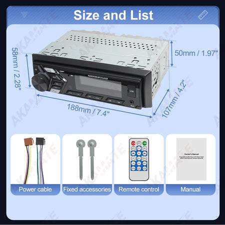 AKAMATE 1Din Car Radio MP3 Player &ndash; Bluetooth USB Charging