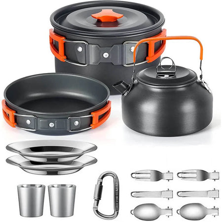 LISM Camping Cookware Set for 2-3 People - Lightweight Aluminium Cooking Pots and Teapot E