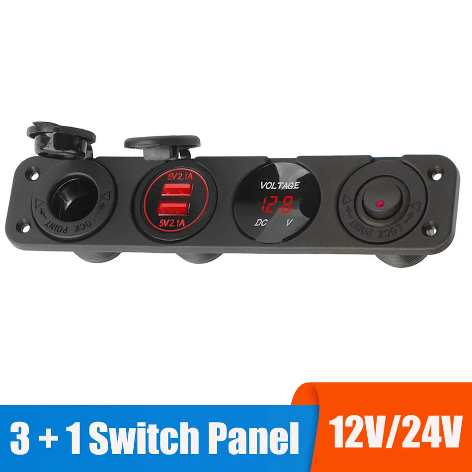 12V 4-in-1 Schakelpaneel met Voltmeter, USB 3.0 Opladers, Aansluiting voor Aanstekers