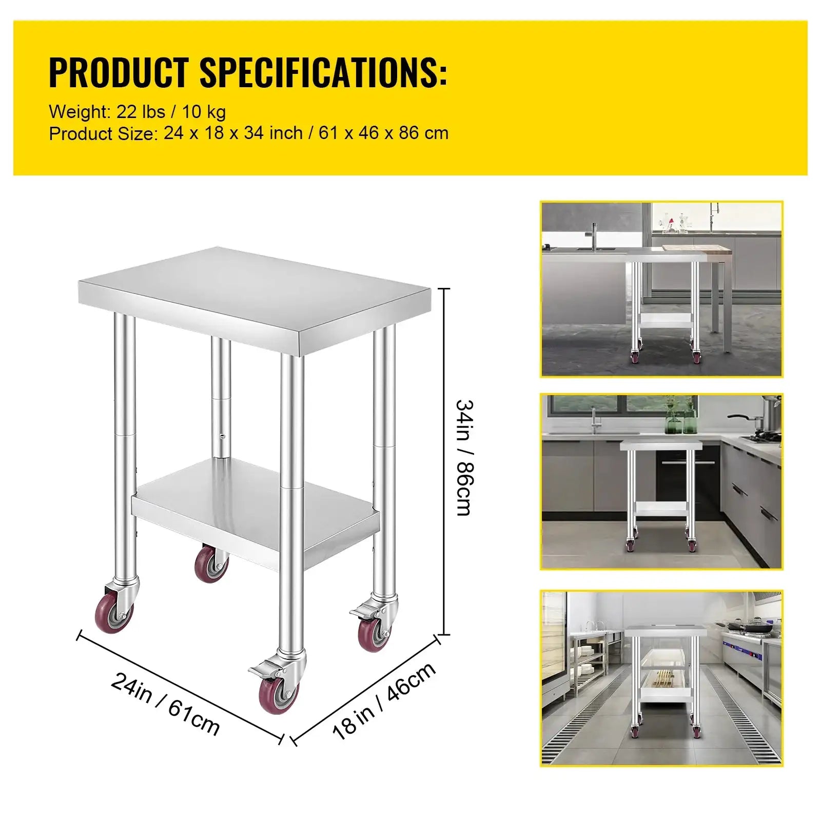 Stainless Steel Work Table With Caster Wheels And Shelves 24 x 18 inch / GERMANY