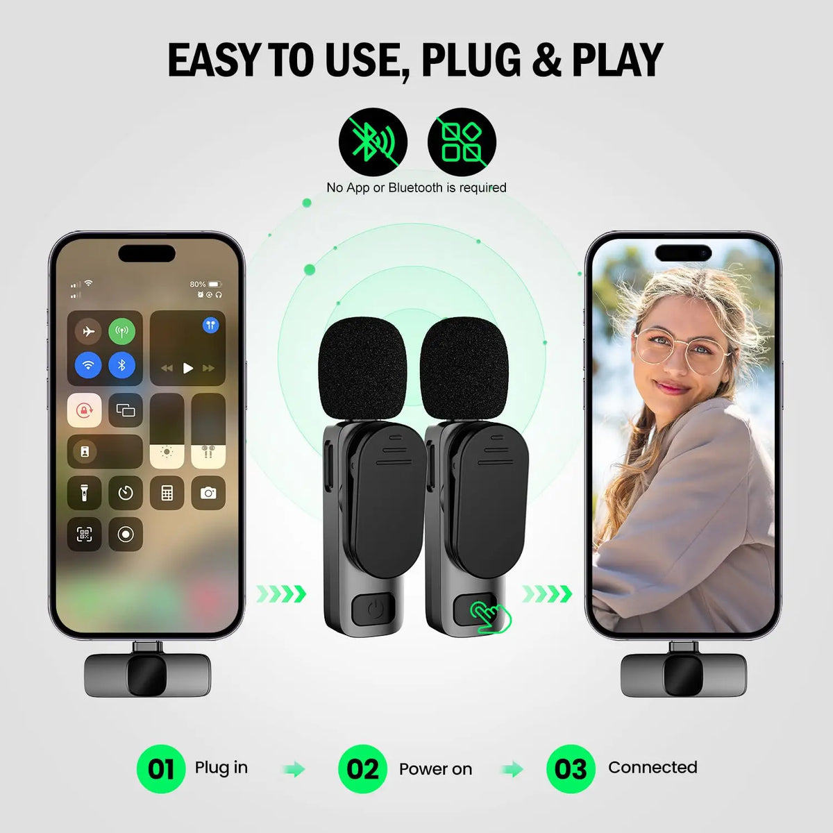 Basix Wireless Lavalier Microphone for iPhone16 - Mini, Replaceable, Windproof Audio Recording