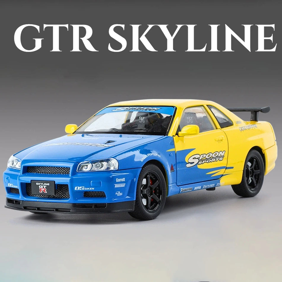 1:24 GTR Skyline R34 Diecast Car Model Toy With Lights And Sound, Pull-Back
