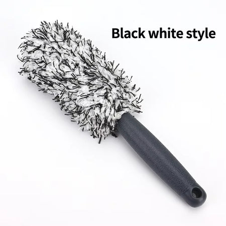 Portable Plush Car Cleaning Brush for Wheels and Rims Black  white