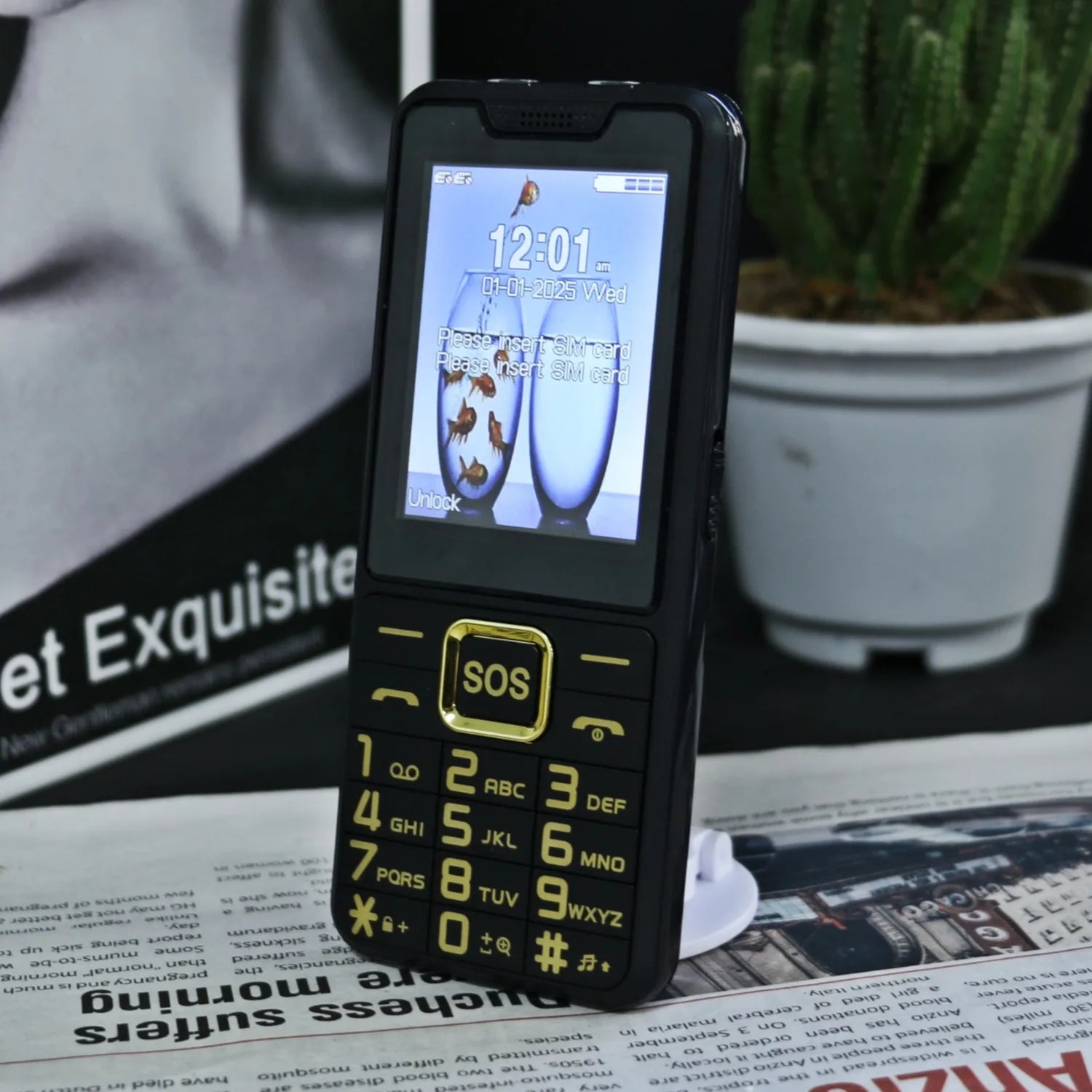 GSM 2G Unlocked Elderly Push Button Phone &ndash; Dual SIM SOS Key Black / Full set