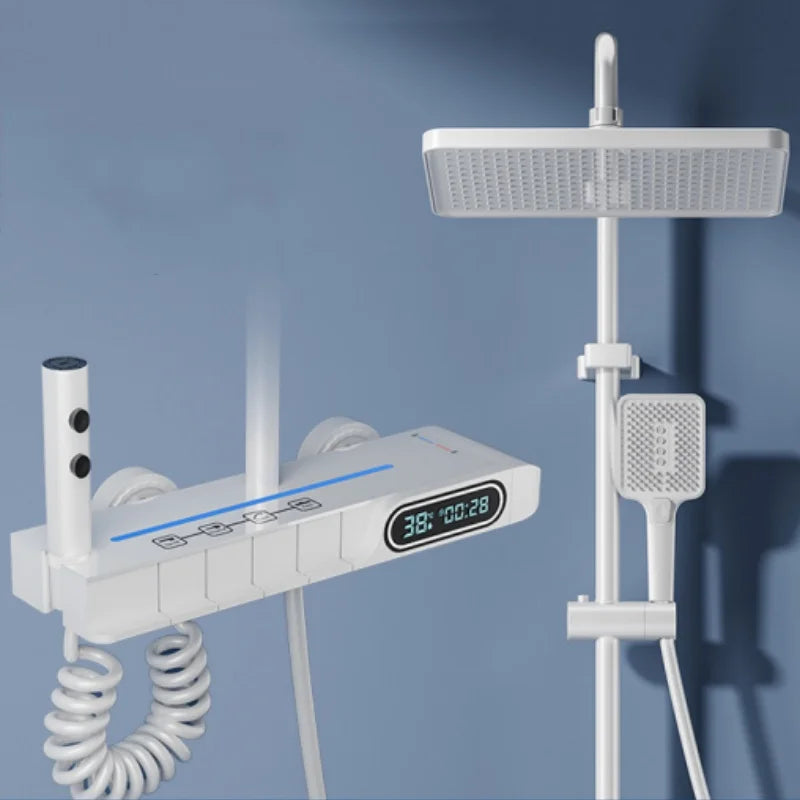 Sada sprchy s displejem teploty se stěnovým držákem, 4-funkčním kohoutkem, čtvercovou dešťovou hlavicí a ruční sprchou