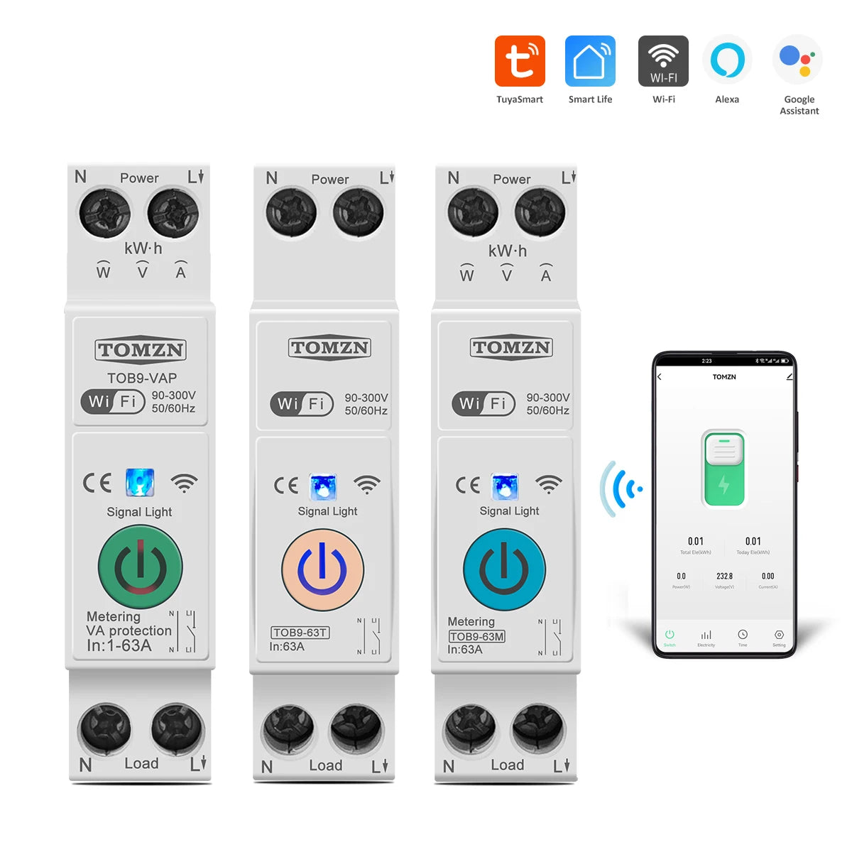 TOMZN 63A 1P+N WiFi Smart Switch with Energy Metering &amp; Protection 16A / TOB9-63T No metering