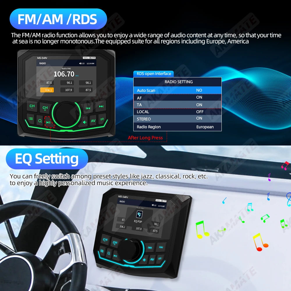 AKAMATE MS-54RV Boat Radio &ndash; Waterproof IPX5 Bluetooth