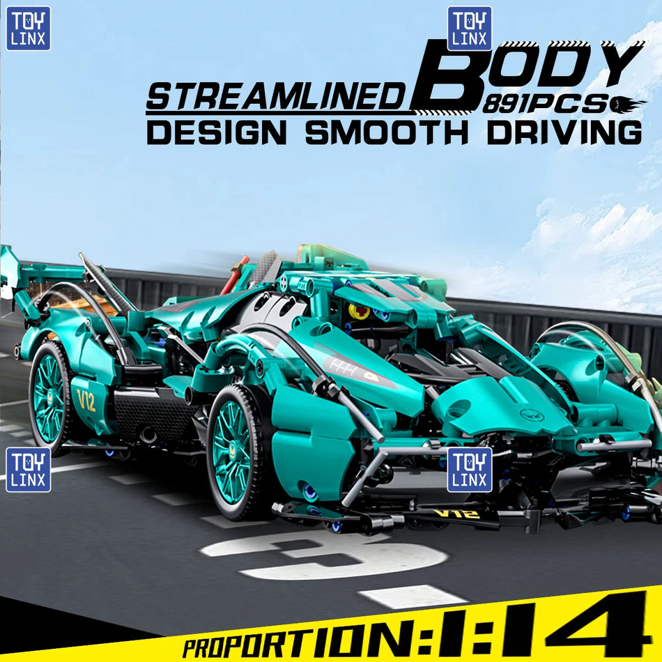 Blue V12 Roadster Building Block Car 1:14 DIY Kit For Kids