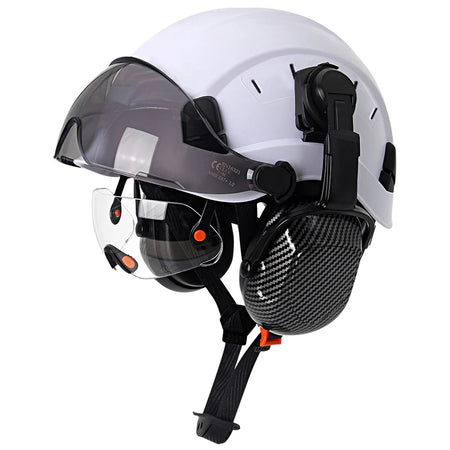CE ABS Safety Helmet With Earmuffs Goggles &ndash; Secure Fit White C