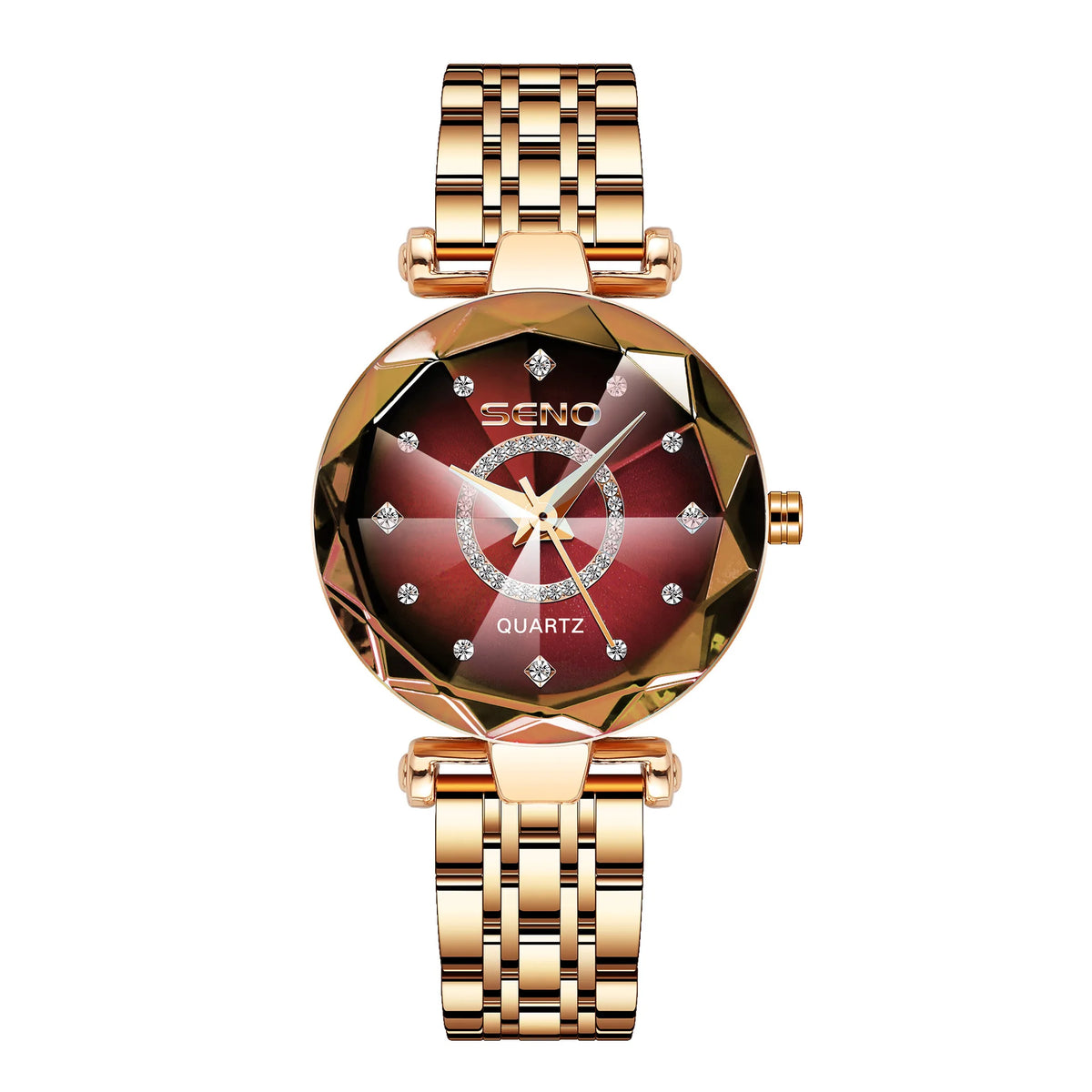 SENO Ocean Star Luxury Rose Gold Women's Crystal Bracelet Watch red
