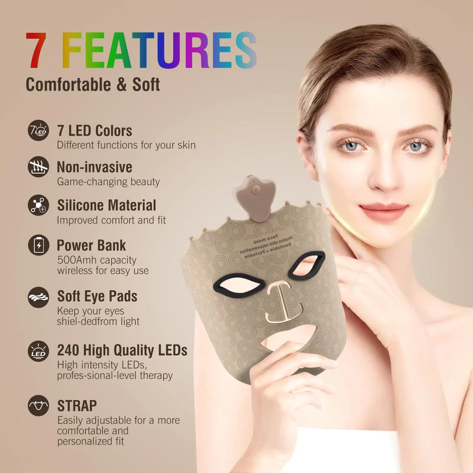 Silicone 7-Color LED Face Mask for Red Light Therapy, Anti-Aging Radiant Glow