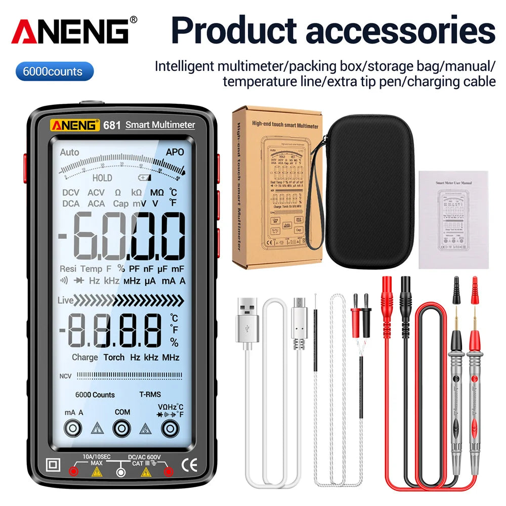 ANENG 681 Rechargeable Digital Multimeter - Non-Contact Voltage Tester with LCD Display 681 Black