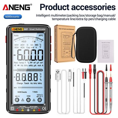 ANENG 681 Rechargeable Digital Multimeter - Non-Contact Voltage Tester with LCD Display 681 Black