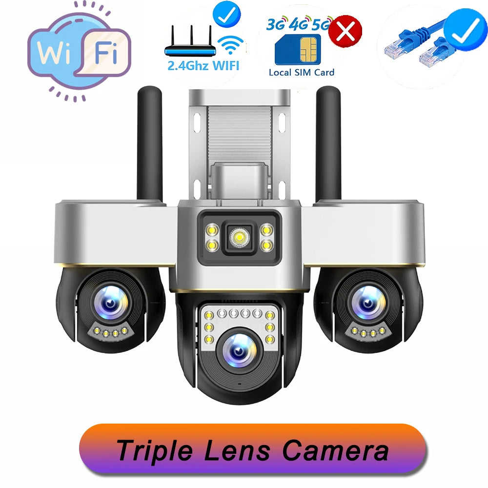 15MP Three Screens IP Camera Wireless Outdoor Three Lens PTZ Lens Audio Human Auto Tracking Surveillance Wifi Cameras Waterproof WIFI Cam No Card / US Plug