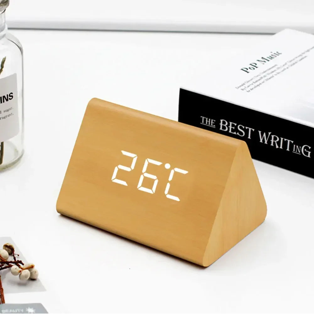 Sleek Wooden Digital Alarm Clock with Voice Control and USB Charging Wood color Triangle