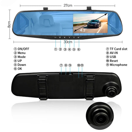 Dashcam Camera 24H Front Rear 1080P Mirror - 4.3 Inch DVR
