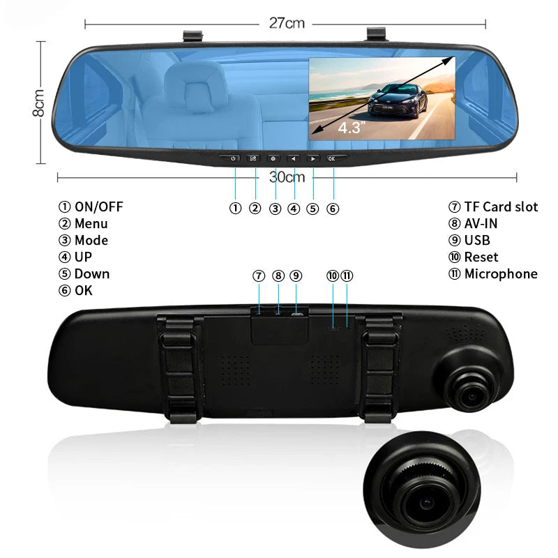 Dashcam 4.3 Inch FHD 1080P Dual Lens DVR - Night Vision