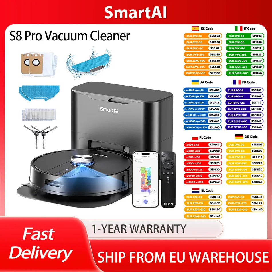 SmartAI S8 Pro Ρομποτική Σκούπα με Βάση Σταθμό 5000Pa Αναρρόφηση 3L Κάδος Σκόνης 380ml Δοχείο Νερού 45 Ημέρες Αποθήκευση Σκόνης