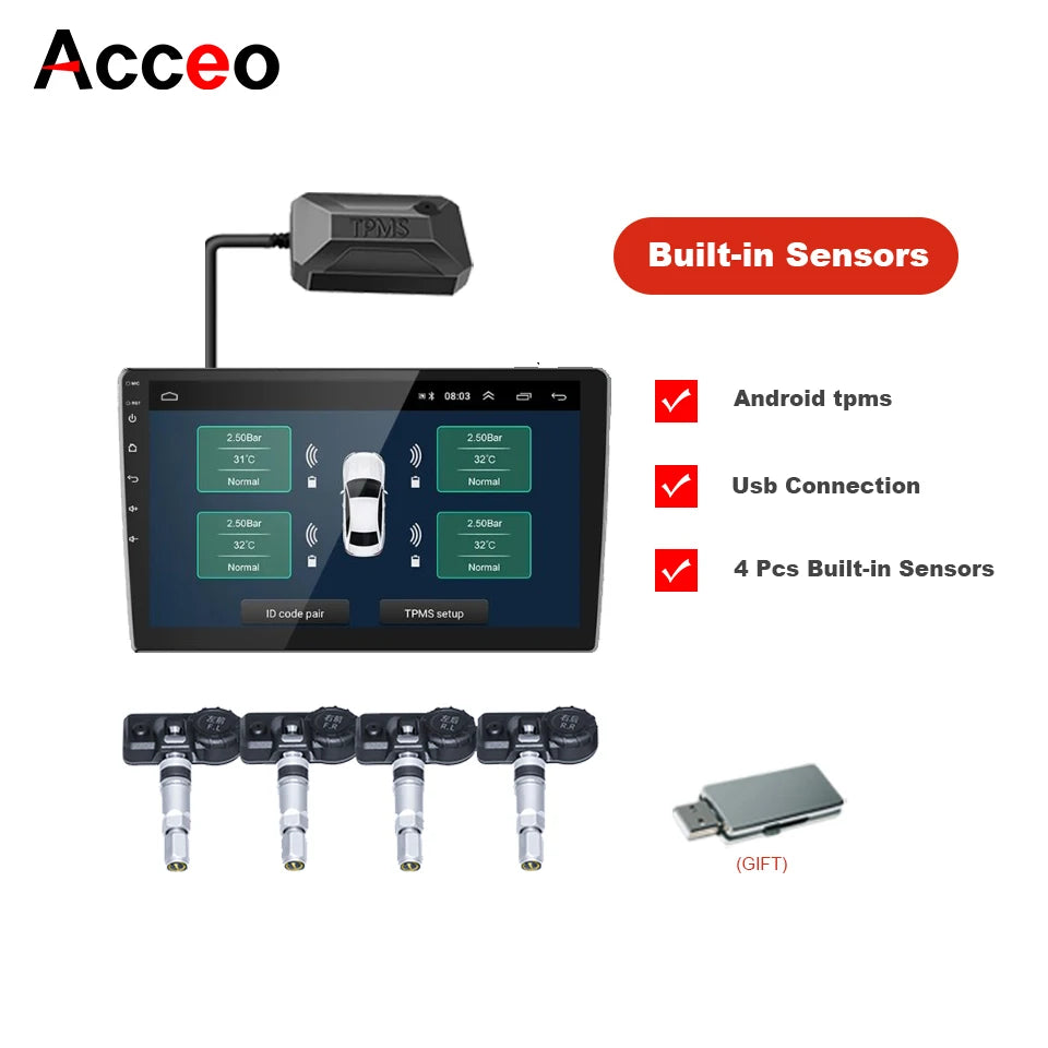 ACCEO Wireless TPMS For Cars - USB Rechargeable Alerts K25P-Built in Sensor
