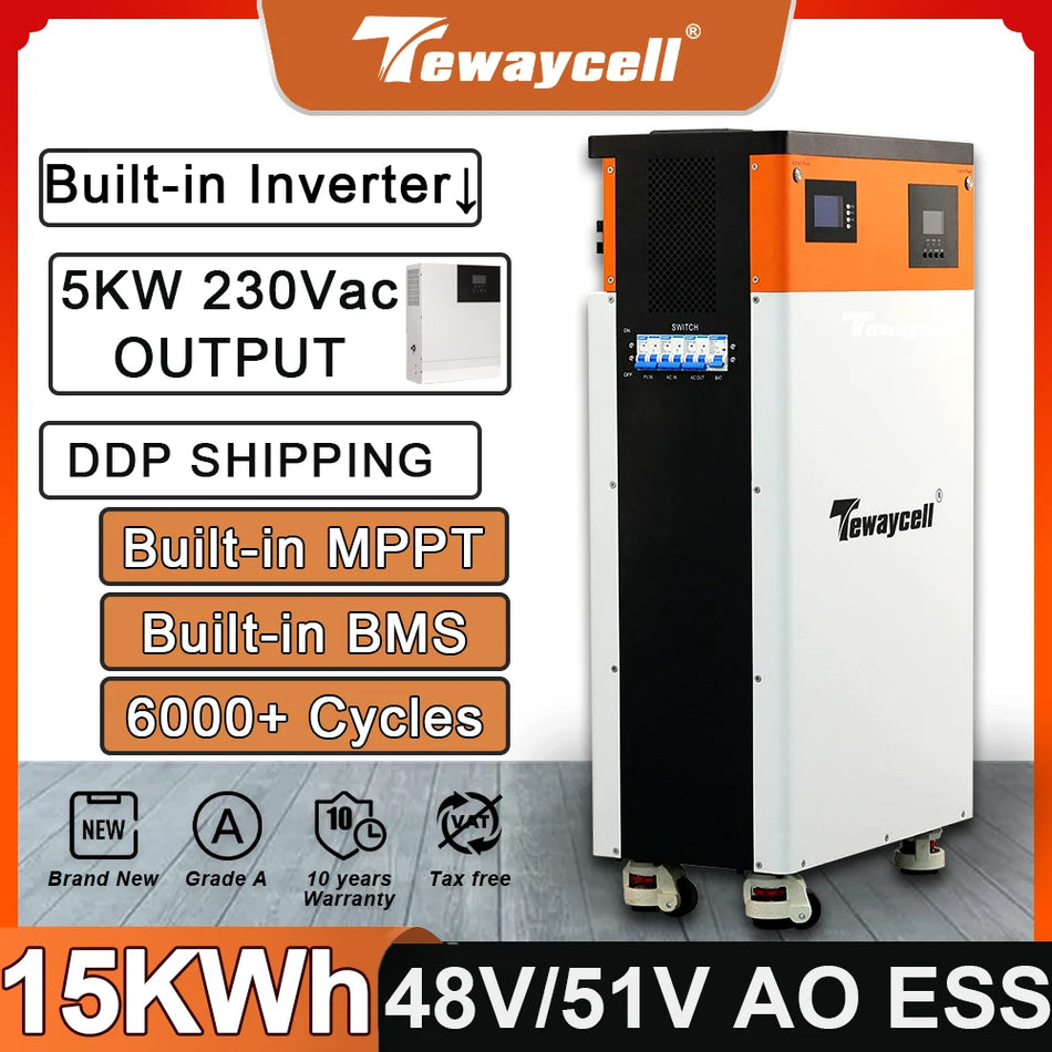 Tewaycell 48V 15kWh LiFePO4 Powerwall Pacco Batteria Con Inverter Integrato 5kW 230V WiFi MPPT ESS Sistema Solare Domestico
