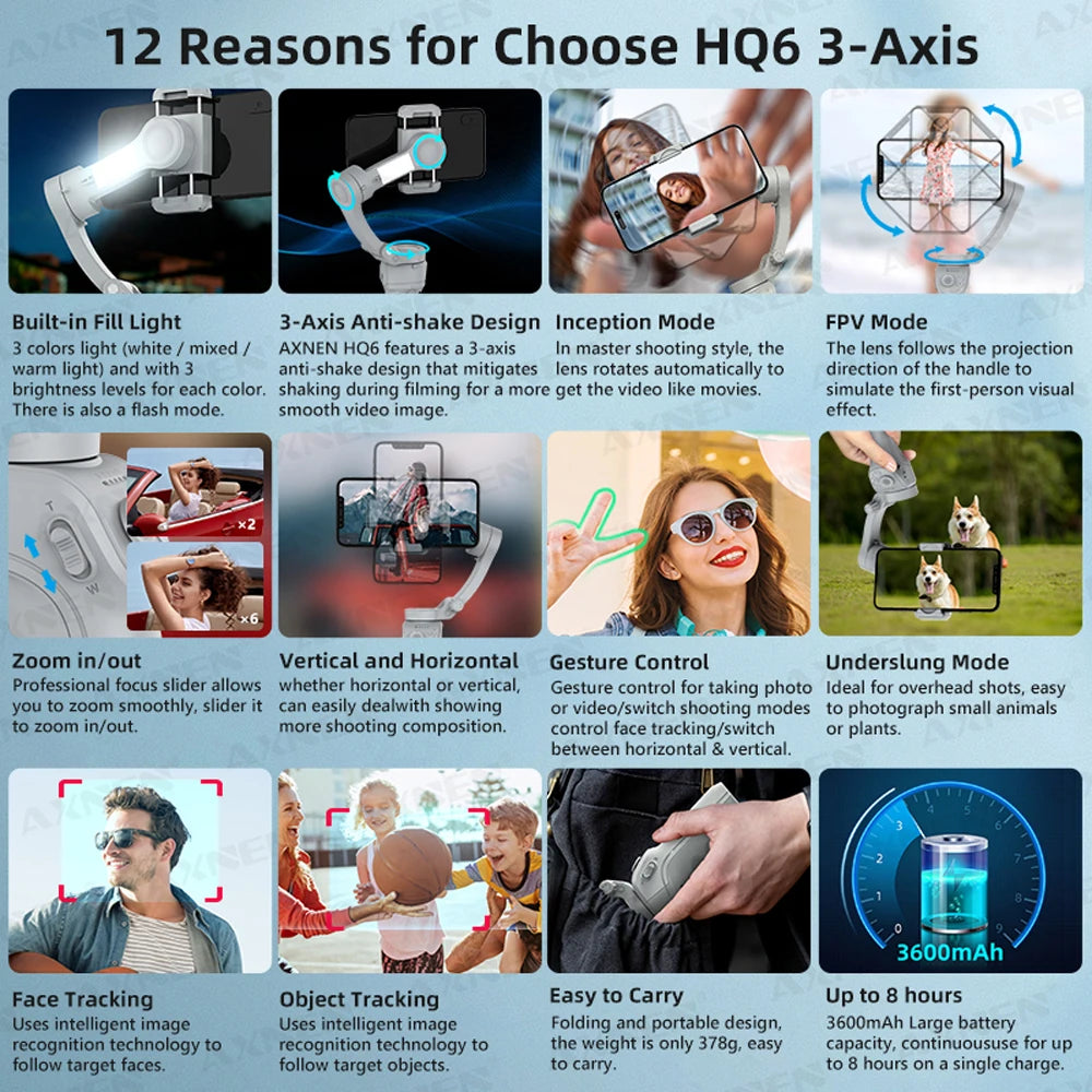HQ6 3 Axis Anti-Shake Vlog Stabilizer &ndash; Adjustable Fill Light and Face Tracking