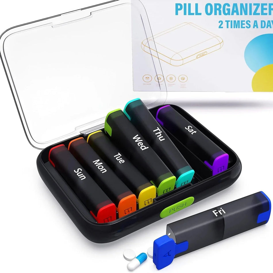 7-Day Pill Organizer with 14 Large Compartments for Vitamins and Medications - Portable Travel Medicine Box