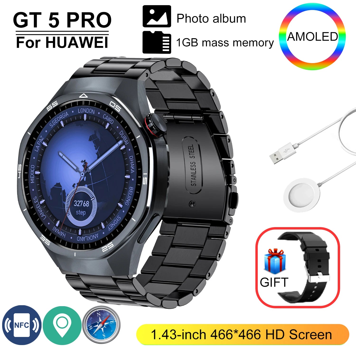 GT 5 Pro 2025 &ndash; 24h Blood Pressure Monitoring And NFC GPS Black Steel band / NFC 400mAh