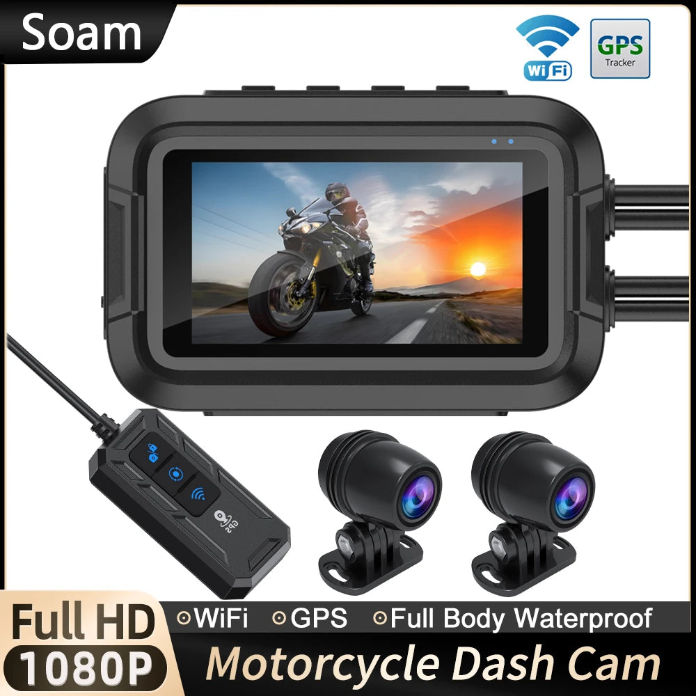 Soam Dual 1080P Waterproof Motorcycle Dash Cam with WiFi &amp; GPS