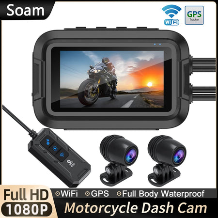 Soam Dual 1080P Waterproof Motorcycle Dash Cam with WiFi &amp; GPS