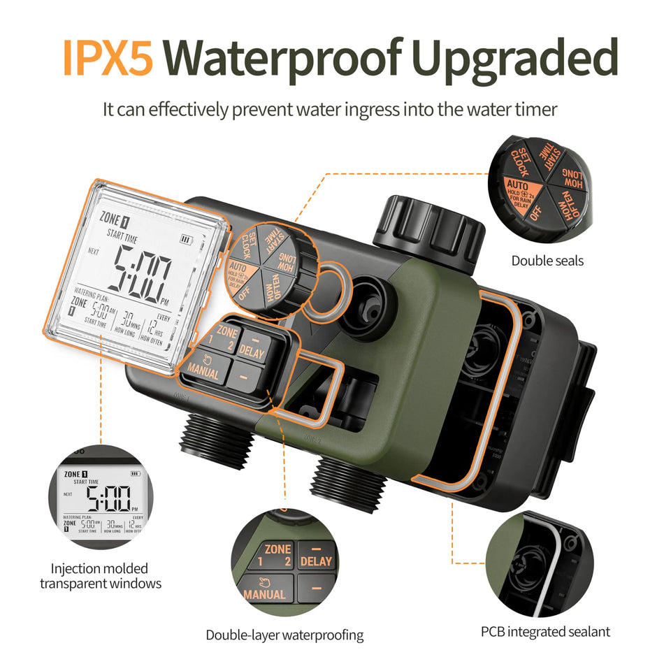 Diivoo Automatic Garden Water Timer with Dual Outlets and Rain Delay