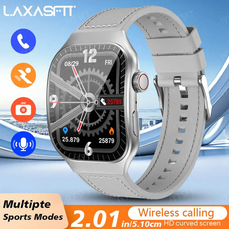 LAXASFIT 2.01 Curved Screen Mens Smartwatch Bluetooth 5.3 Silvery