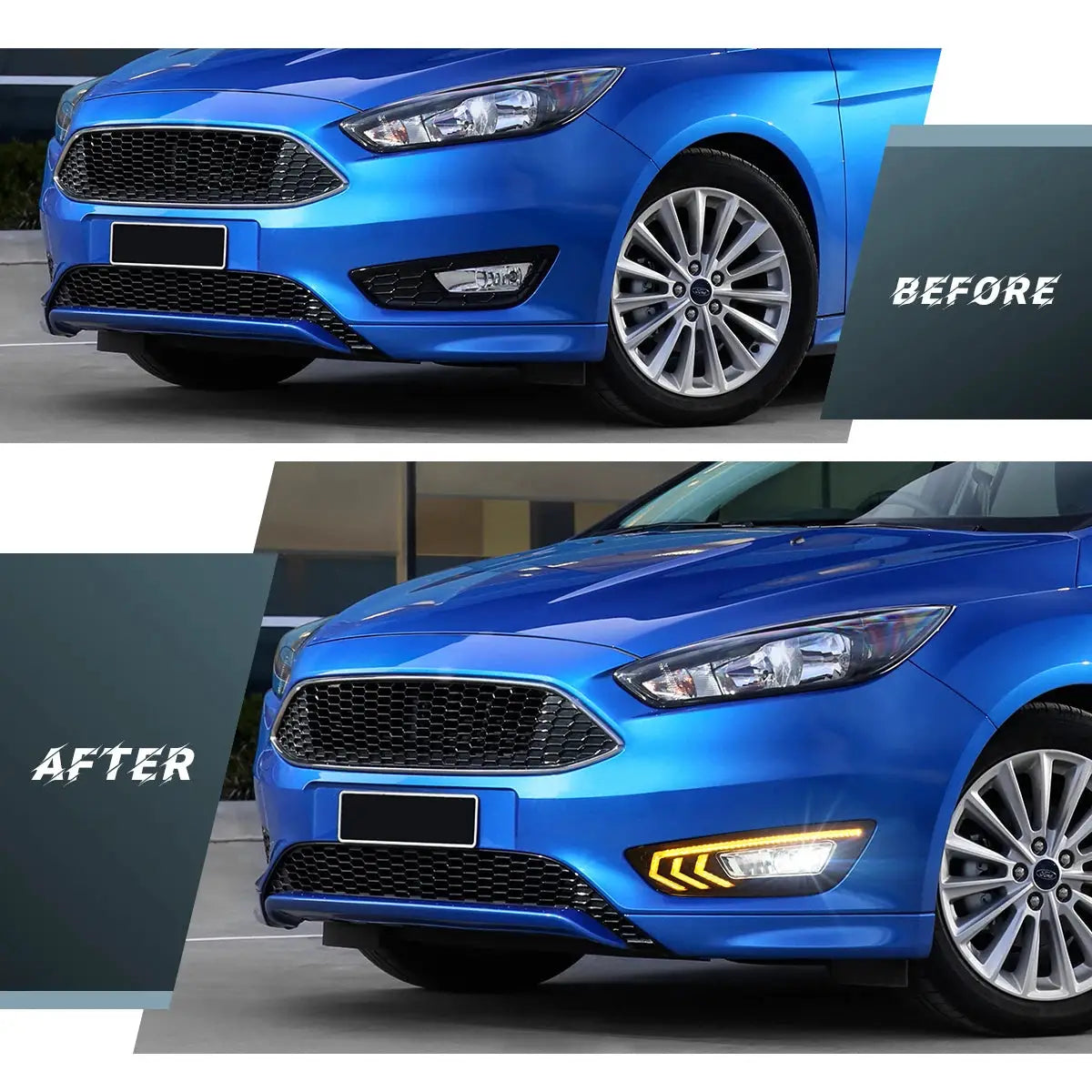For Ford Focus DRL Led Fog Lamps Chrome Trim 2015 2016 2017 2018 Daytime Running Lights Dynamic Turn Signal White Yellow Blue by InterCyprus Trading Ltd