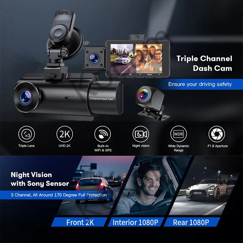 3 Channel Dash Cam &ndash; 2K Front and Rear Dual Lens with GPS WiFi and Night Vision
