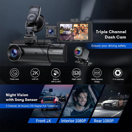 3 Channel Dash Cam &ndash; 2K Front and Rear Dual Lens with GPS WiFi and Night Vision