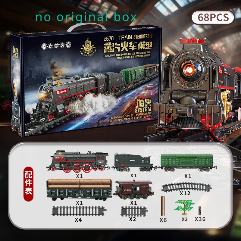 Retro Electric Steam Train Toy Set with Smoke, Lights &amp; Sound 68PCS  no box