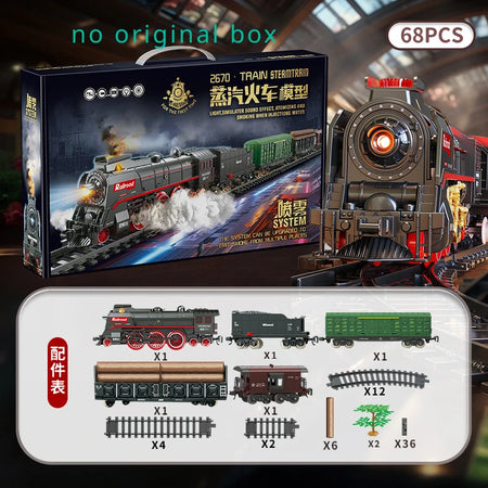 Retro Electric Steam Train Toy Set with Smoke, Lights &amp; Sound 68PCS  no box