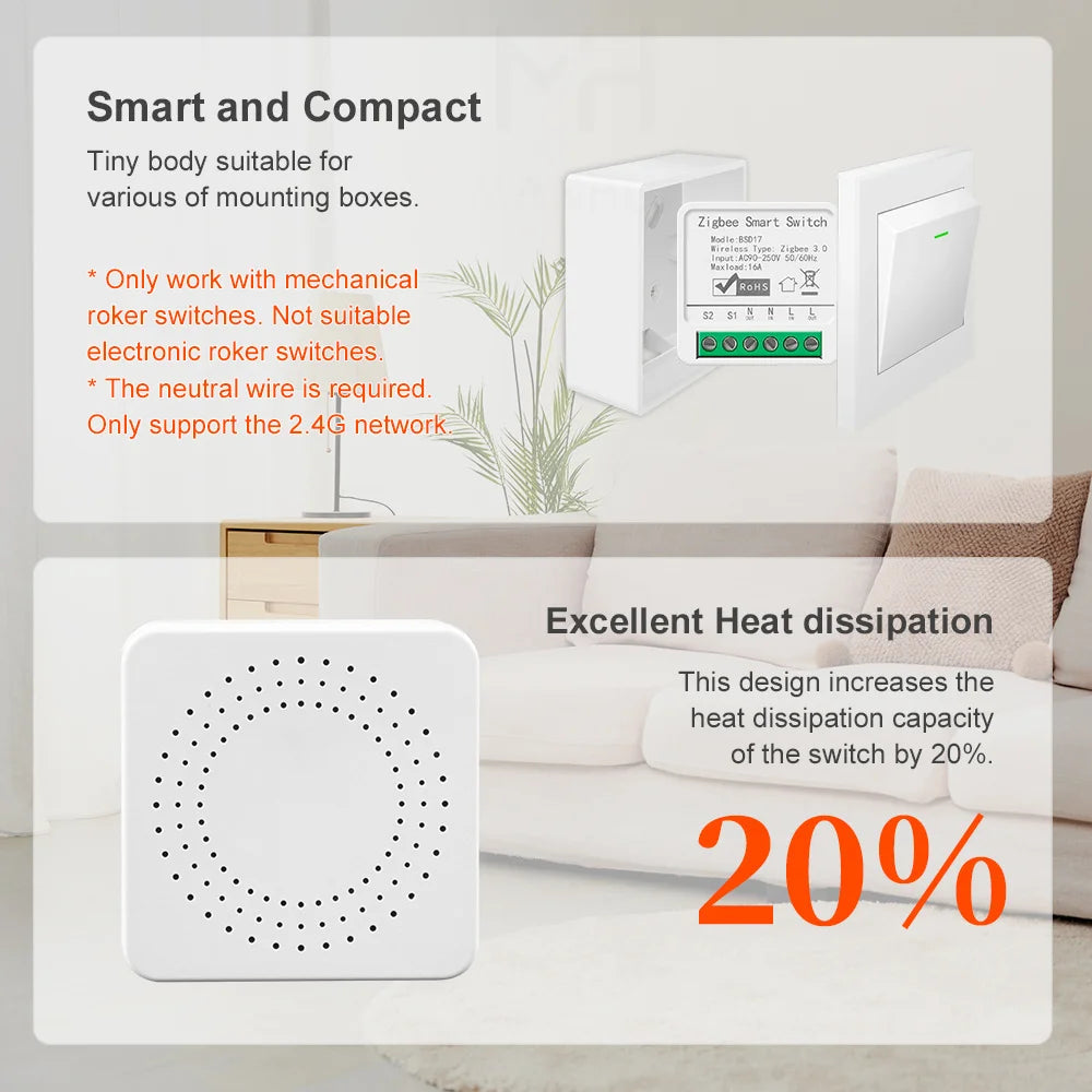 Zigbee2MQTT Zigbee3.0 Mini Smart Light Switch - 2 Way 16A Module, Google Home Compatible