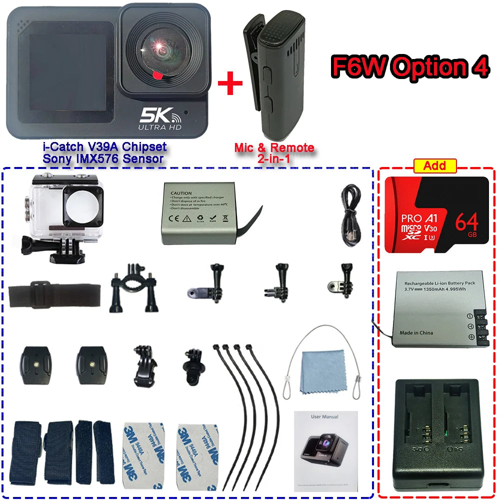 F6W Wireless Mic Action Camera &ndash; 5K Ultra High Definition with Dual Screen F6w Option 4 / Option Add Bag