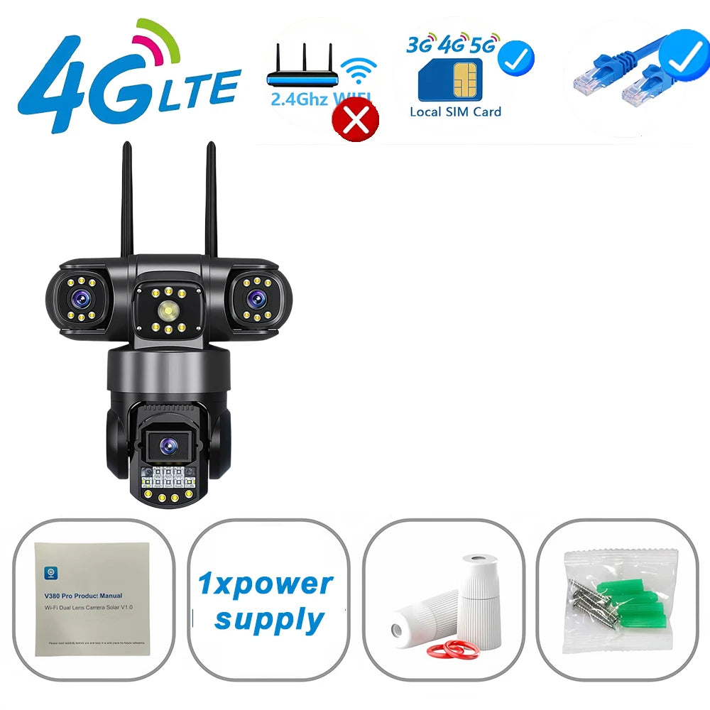 15MP 4G SIM Surveillance Camera Triple-Lens Triple Screens IP66 Outdoor HD Night Vision Outdoor WiFi IP Security Camera V380 Pro