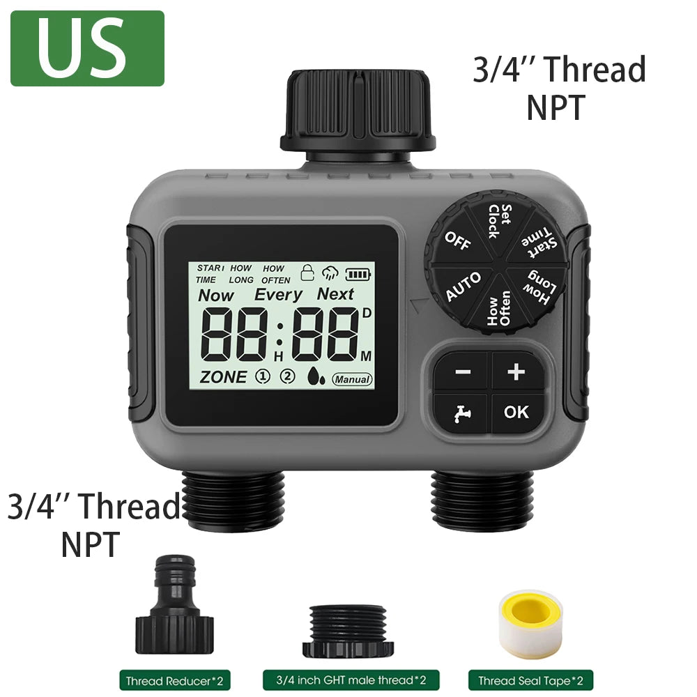 2 Zone Digital Water Timer &ndash; Automatic Irrigation Control US version(NPT)