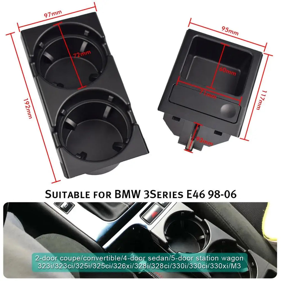 Úložný box stredovej konzoly s dvojitým držiakom na poháre pre BMW E46 1999-2006